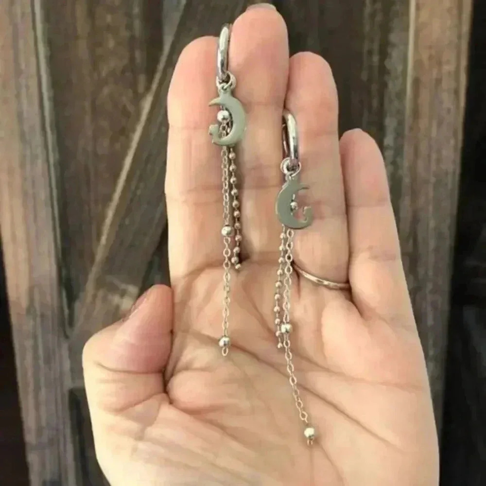 Crescent Moon Tassel Stainless Steel Hoop Silver Stud Earrings NWT